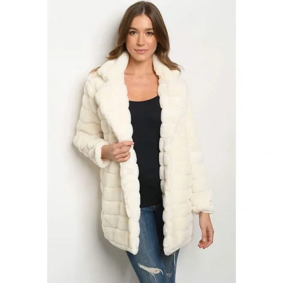 Faux Fur Collared, Long Buttoned Coat Ivory Large - Picture 3 of 6